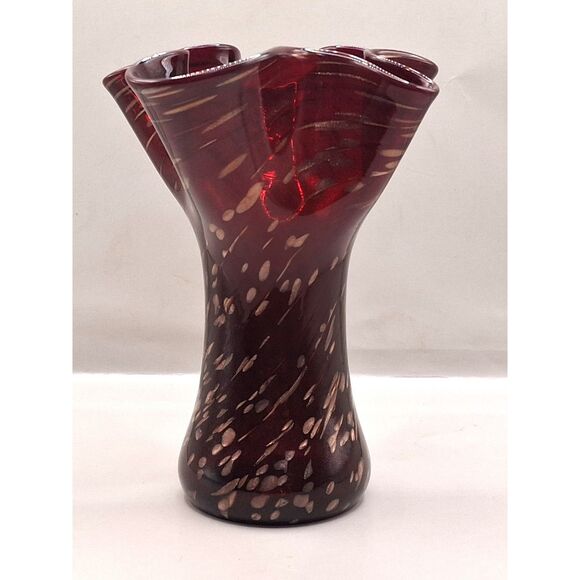 Vintage Hand Blown Glass Ruby Red and Gold Flecks Handkerchief Vase - Picture 1 of 8